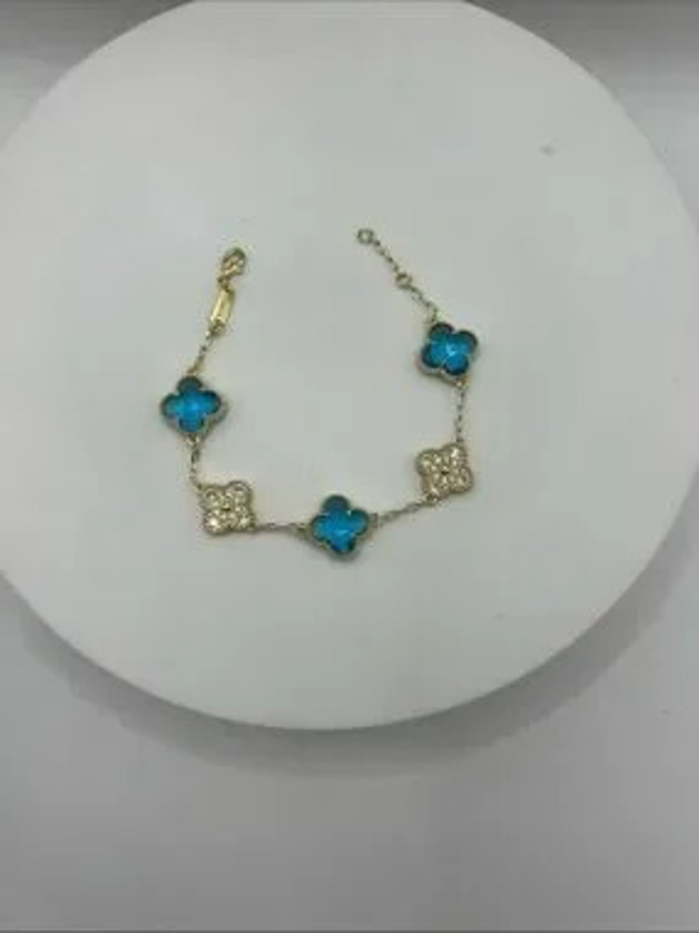 150. 18k Gold Plated Clover Bracelet w/ Blue Stone & Crystals. 7 1/2 - 8